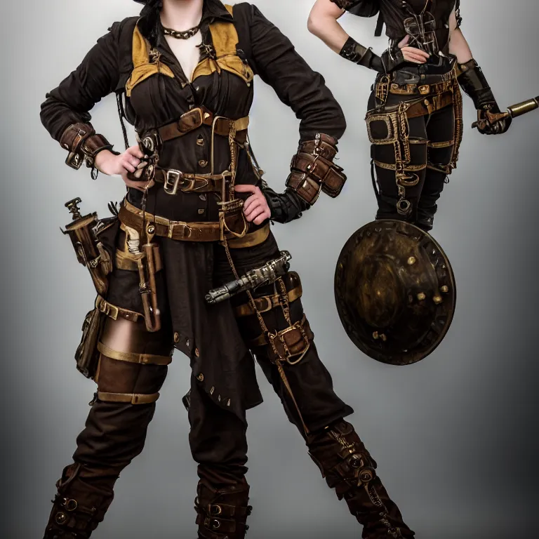 Image similar to full length photo of a very beautiful female dieselpunk warrior, 8 k, hdr, smooth, sharp focus, high resolution, award - winning photo