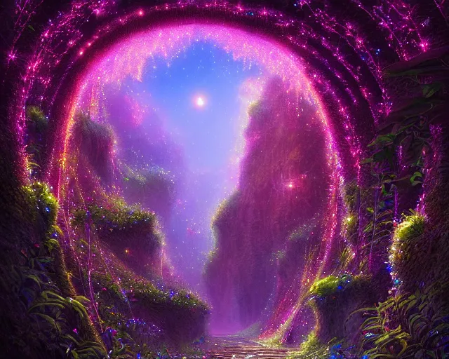 Image similar to sparkling cosmic flower tunnel, radiant light, fireflies, moonlight, celestial scenery, volumetric lighting, ferdinand knab, alena aenami, artstation