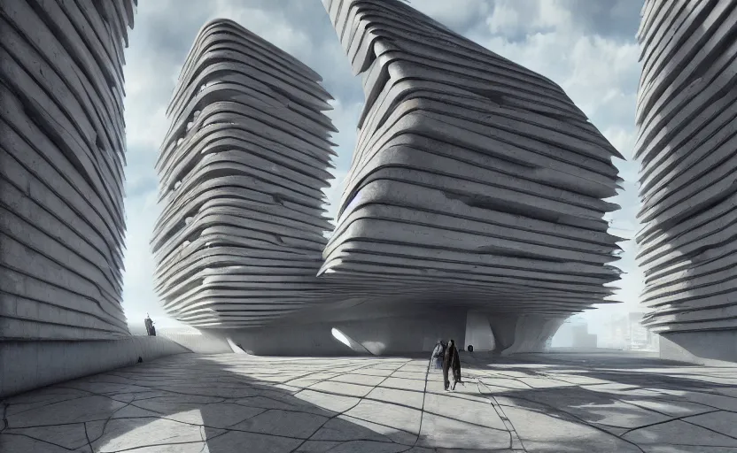 Prompt: a wide angle exterior shot of a white concerete brutalist architecture designed by zaha hadid and peter zumthor, darek zabrocki, greg ruthkowski, cinematic and blue cold atmospheric, concept art, artstation, trending on artstation