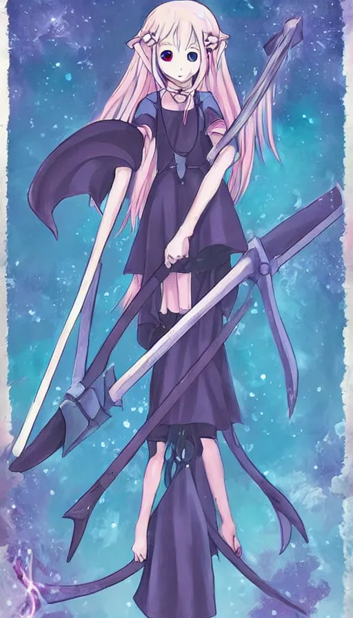 Image similar to a beautiful link drawing of the being death as a cute anime girl with a giant scythe from a studio ghibli film inspired by the death tarot card, dark vibes, pastel colors