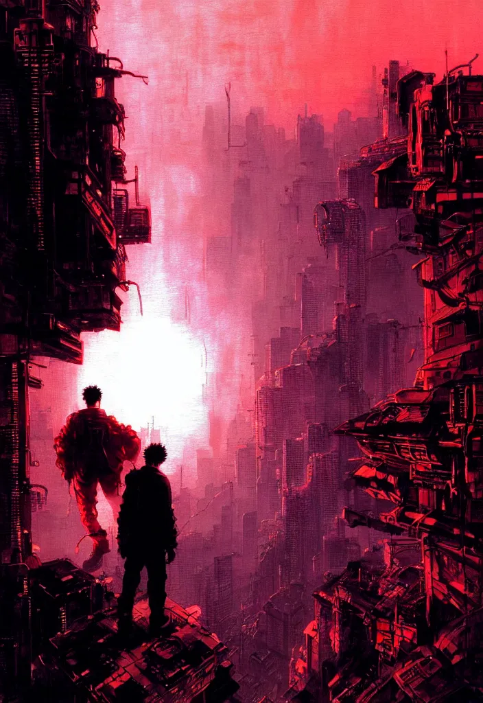 Prompt: tetsuo over neo - tokyo, silhouetted by a red sun | anime, matte painting, dystopian megacity neo - tokyo akira, shaded perfect, fine details. realistic shaded lighting anime manga artwork by katsuhiro otomo, akira, artgerm, jeremy lipkin and michael garmash and rob rey