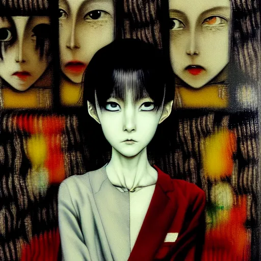 Image similar to yoshitaka amano blurred and dreamy realistic three quarter angle horror portrait of a sinister young woman with short hair, big earrings and black eyes wearing office suit with tie, junji ito abstract patterns in the background, satoshi kon anime, noisy film grain effect, highly detailed, renaissance oil painting, weird portrait angle, blurred lost edges