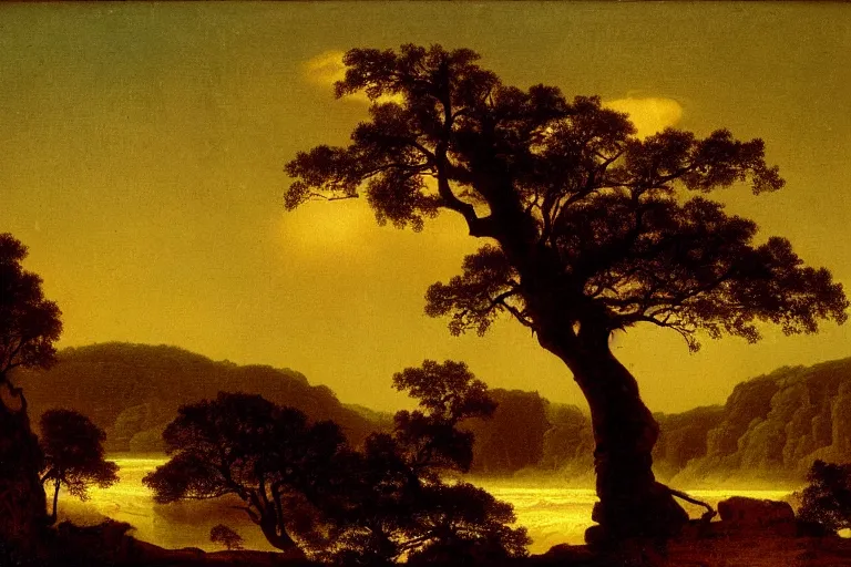 Image similar to oil painting of a old tree next to a raging river by martin johnson heade