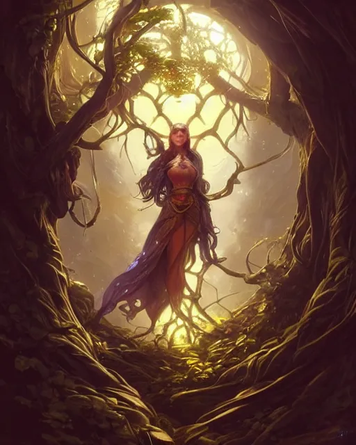 Image similar to A time portal inside a tree, deep focus, D&D, fantasy, intricate, elegant, highly detailed, digital painting, artstation, concept art, matte, sharp focus, illustration, hearthstone, art by Artgerm and Greg Rutkowski and Alphonse Mucha