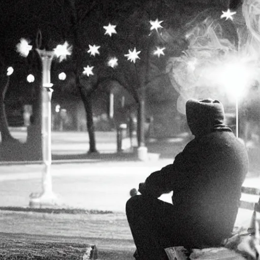 Image similar to man sitting on park bench on christmas eve smoking cigarette. cigarette glowing embers smoke volumetric c4d. harsh lighting, live action photo 1993 film. bokeh Christmas lights in the background