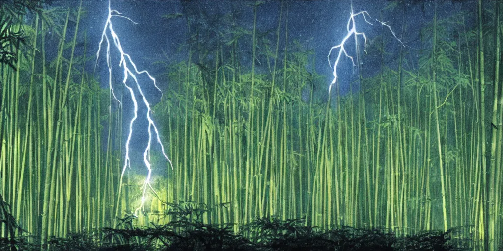 Image similar to a lightning bolt cuts through a bamboo forest, tiny fireflies glowing, 4 k wallpaper, drawn by hiroshi yoshida.