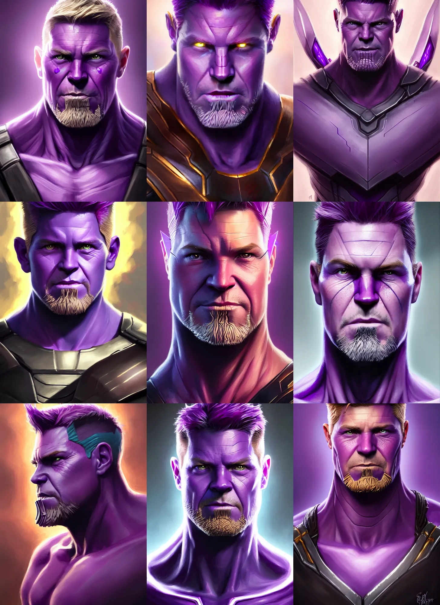 Prompt: a fantasy style portrait painting a character if clint barton ( hawkeye ) and thanos had a son, purple skin, powerful chin, thanos style traits, painting, unreal 5, daz., rpg, portrait, extremely detailed, artgerm greg rutkowski _ greg