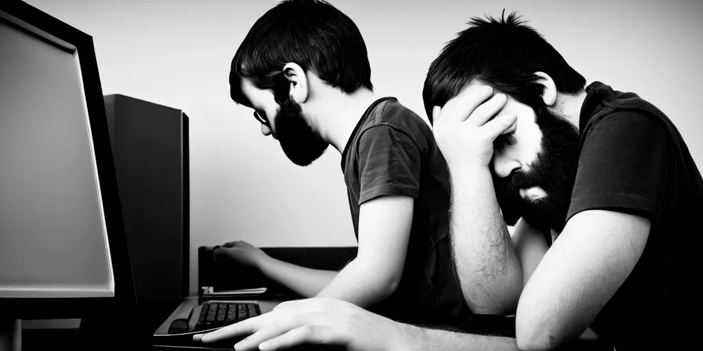 Image similar to black and white photo of hangover man behind computer and sad kid near the man