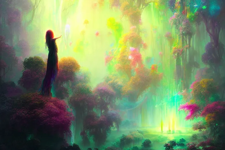 Prompt: a psychedelic realm hidden away in a pocket of ethereal understanding / astral beings sharing love greg rutkowski wlop lisa frank bob ross / ruan jia / illustration