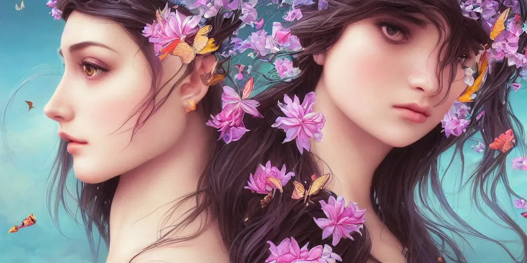 Prompt: beautiful, young woman, extremely detailed gorgeous face, sad eyes, mermaid, tall thin, sexy body, fantasy background, tears, vaporwave aesthetic, synthwave, photo-realistic face, digital, flowers, butterflies, birds, painting, artstation, concept art, smooth, sharp focus, illustration, art by artgerm and greg rutkowski and alphonse mucha