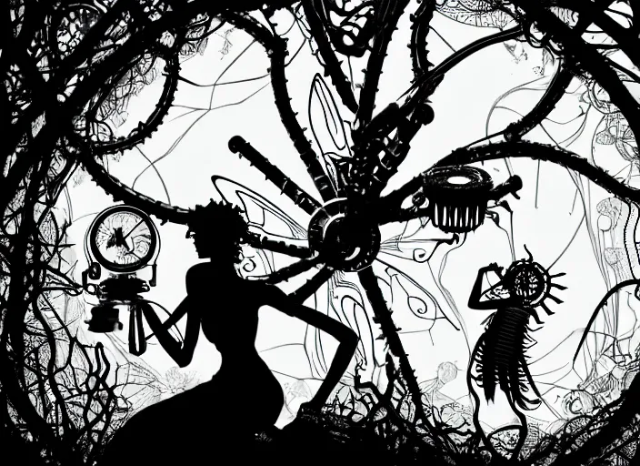 Image similar to silhouette of an intricate mechanical fairy with visible gears having tea with a cyborg winged horned demon medusa in a magical forest. Very detailed 8k. Fantasy cyberpunk horror. Sharp. Cinematic post-processing