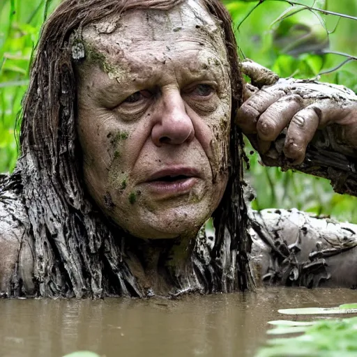 Image similar to film still of sir david attenborough as major dutch, covered in mud and hiding from the predator predator predator in swamp scene in 1 9 8 7 movie predator, hd, 4 k