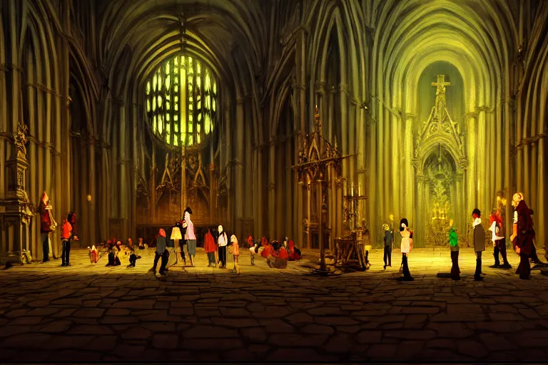 Prompt: baroque oil painting of anime key visual environment concept art of satanic ritual in cathedral, brutalist, dark fantasy, rule of thirds, digital cel shading, fake hidden detail, trending on pixiv fanbox, acrylic palette knife and brush, style of makoto shinkai studio ghibli jamie wyeth james gilleard greg rutkowski