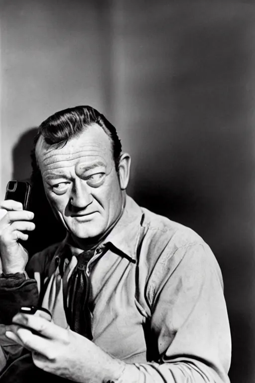 Prompt: john wayne using an iphone, color photograph