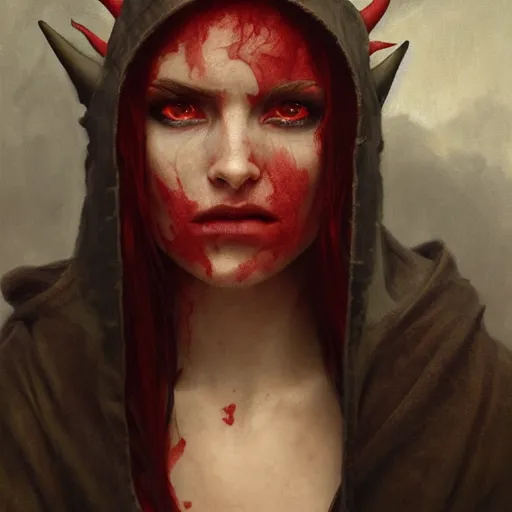 Prompt: masterpiece portrait of a clothed hooded surly and resentful female tiefling thief with red skin black sclera and horns under the hood, by Greg Rutkowski and John Collier and Krenz Cushart and Artem Demura and Alphonse Mucha and Albert Aublet, as seen on ArtStation, 4k, dungeons and dragons, very aesthetic, very detailed, intricate, unreal, fantasy, dramatic, painterly, artstation, sharp focus, smooth