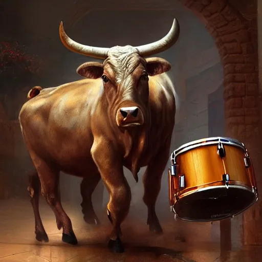 Prompt: a bull plays the drums by greg rutkowski and thomas kinkade, trending on artstation, 3 d art station