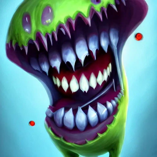 Prompt: evil monster with gummy teeth. Scary. Eating kids. Smiley face. High details, digital painting, artstation, 4k.