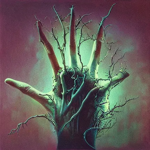 Image similar to Painting, Creative Design, album cover art, Biopunk, hand, surrealist, by Zdzisław Beksiński and storm thorgerson