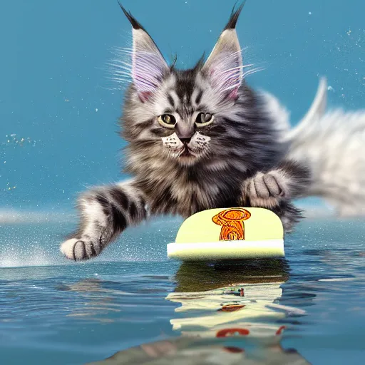 Prompt: Anthromorphic Maine coon kitten is a Water skiing champion, action shot. At south beach FL. 3D render