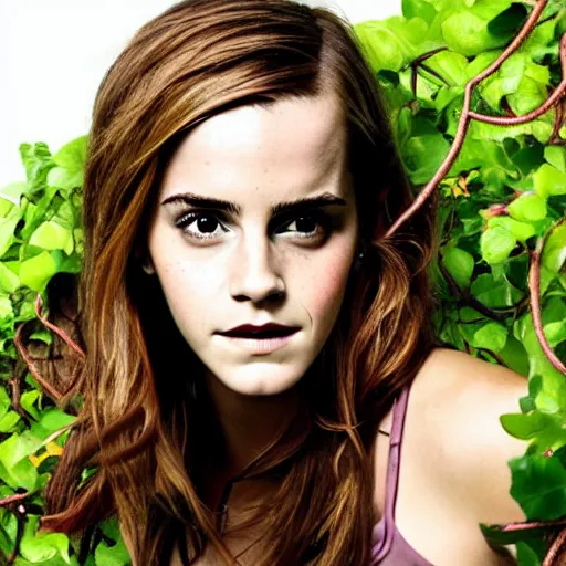 Image similar to emma watson hanging from and entangled in vines in the style of tarzan