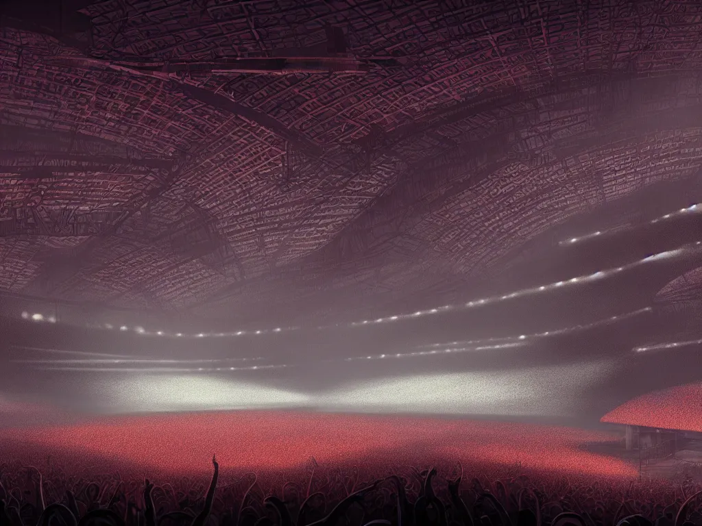 Image similar to a large concert stadium in hell, high contrast, stage lighting, pyrotechnics, ghibli animated film, volumetric lighting, octane render by stanley artgerm lau, greg rutkowski, thomas kindkade, alphonse mucha, loish, norman rockwel,