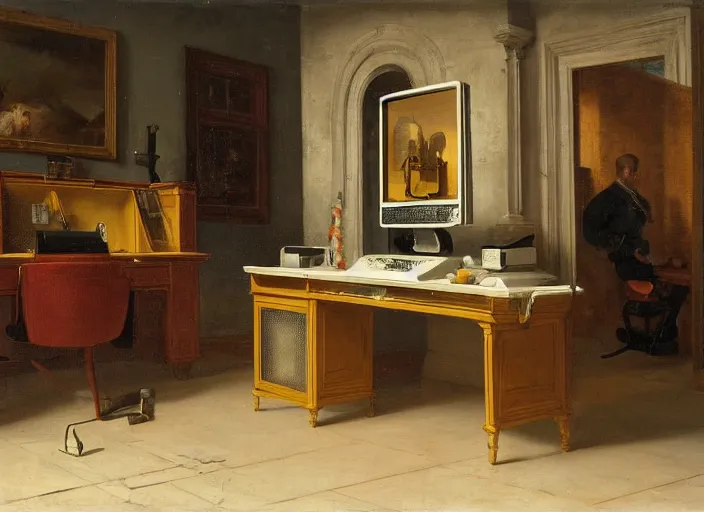 Prompt: still life painting of a retro electronics supercomputer built - in desk workstation battlestation by pieter claesz, oil on canvas, strong lighting, highly detailed, hyper realism, golden hour, god rays, hd, 4 k