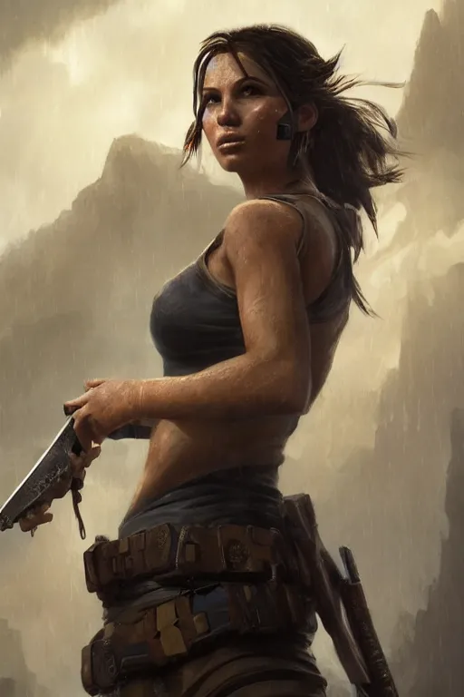 Image similar to a fancy portrait of Lara croft by Greg Rutkowski, Sung Choi, Mitchell Mohrhauser, Maciej Kuciara, Johnson Ting, Maxim Verehin, Peter Konig, final fantasy , mythical, 8k photorealistic, cinematic lighting, HD, high details, atmospheric,