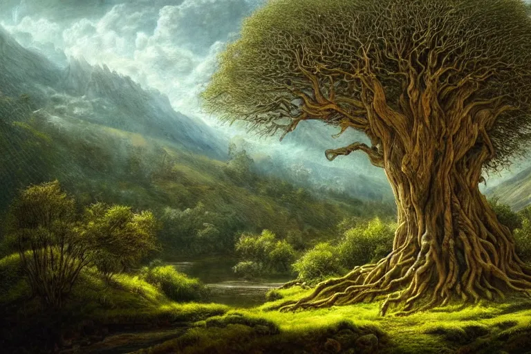 Image similar to masterpiece painting of lord of the rings old man willow tree of life on a hillside overlooking a creek, dramatic lighting, malign tree - spirit of great age, hyperrealism concept art of highly detailed by andreas franke