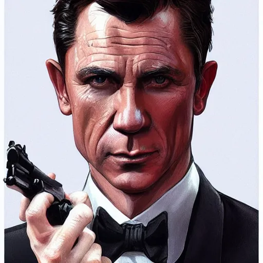 Image similar to lindsay pelas as james bond wearing a tuxedo, portrait, highly detailed, digital painting, artstation, concept art, sharp focus, illustration, art by artgerm and greg rutkowski and alphonse mucha