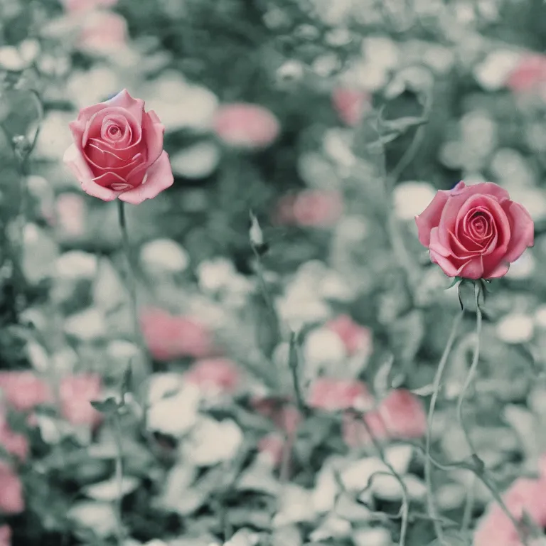 Image similar to chrome flowers in the terrarium, film photo, soft lighting album cover, nostalgia, rose gradient