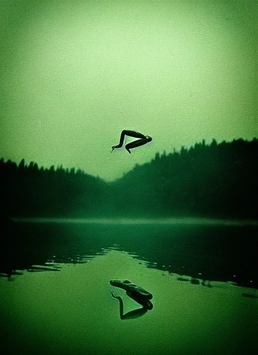 Image similar to “translucent frog amphibian vertically hovering above misty lake waters in jesus christ pose, low angle, long cinematic shot by Andrei Tarkovsky, paranormal, eerie, mystical”