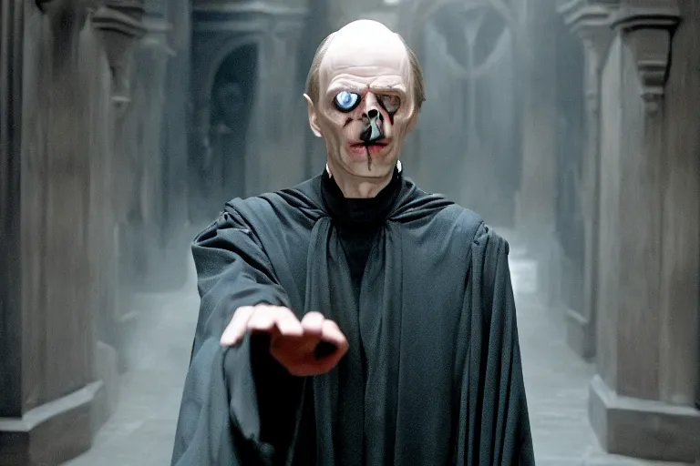 Image similar to film still of Steve Buscemi as Lord Voldemort with no nose blank space for nose no nose missing nose in Harry Potter movie