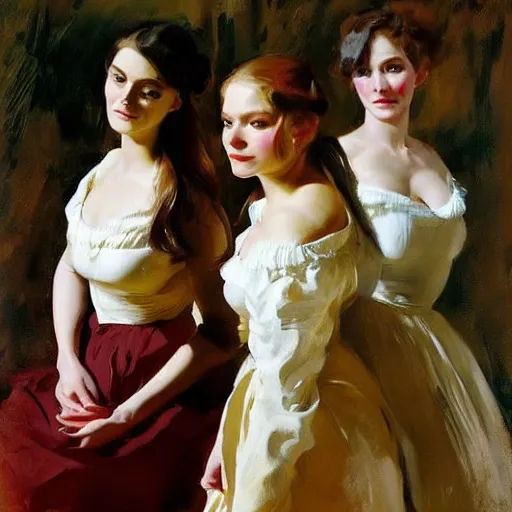 Prompt: portrait of thee young beautiful gorgeous irresistible captivating latvian belarusian finnish norwegian swedish glamour models wearing 1 7 th century off - the - shoulder bodice, jodhpurs greg manchess painting by sargent and leyende