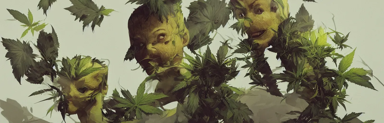 Image similar to duotone concept illustration 3 / 4 portrait of baby face consisting of marijuana, baby groot, cannabis!, cinematic volumentric lighting, jim cheung, david marquez, mike deodato jr, ilya kuvshinov, makoto shinka, behance hd by jesper ejsing, by rhads, hyper detailed, octane render, concept art, artstation