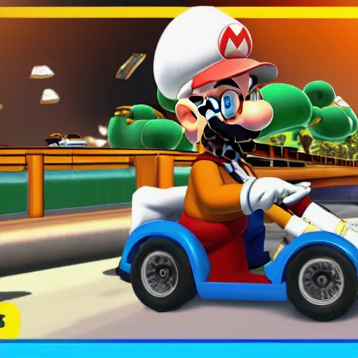 Image similar to Walter White in Mario Kart driving trailer car, game screenshot