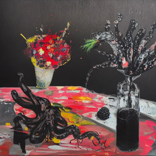 Prompt: empty room with black walls, sensual portrait of a woman, broken vase, spilled flowers, puddle of water, octopus, squashed berries, neo - expressionism, surrealism, acrylic and spray paint and oilstick on canvas