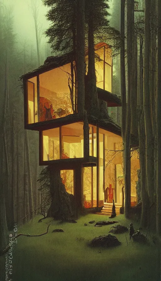 Prompt: cozy ultra modern home in the woods moody lighting, highly detailed, painting by zdzisław beksinski and norman rockwell and greg rutkowskiweta studio, and lucasfilm