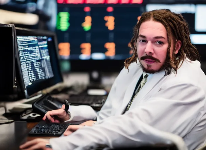 Image similar to dslr photo still of post malone as a stock broker, 8 k, 8 5 mm f 1 6