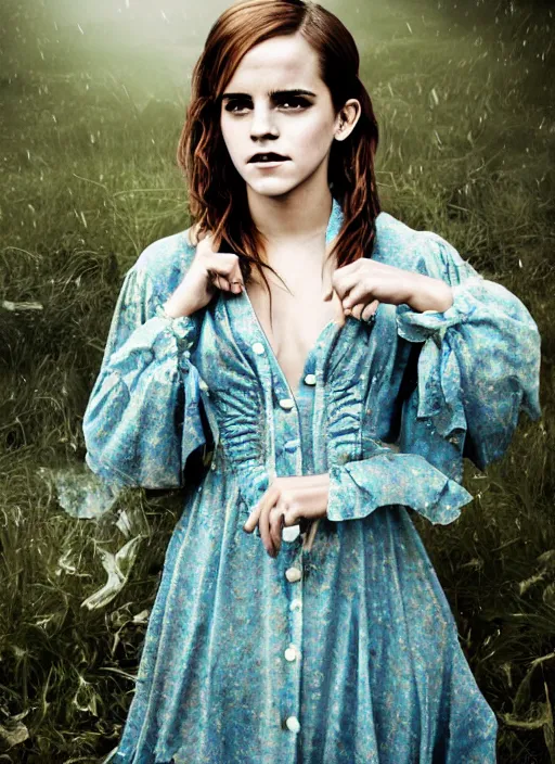 Image similar to Emma Watson for Victorian Secret, perfect face, hot summertime hippie in the rain, psychedelic dress, full length shot, XF IQ4, 150MP, 50mm, f/1.4, ISO 200, 1/160s, natural light, Adobe Photoshop, Adobe Lightroom, DxO Photolab, Corel PaintShop Pro, rule of thirds, symmetrical balance, depth layering, polarizing filter, Sense of Depth, AI enhanced