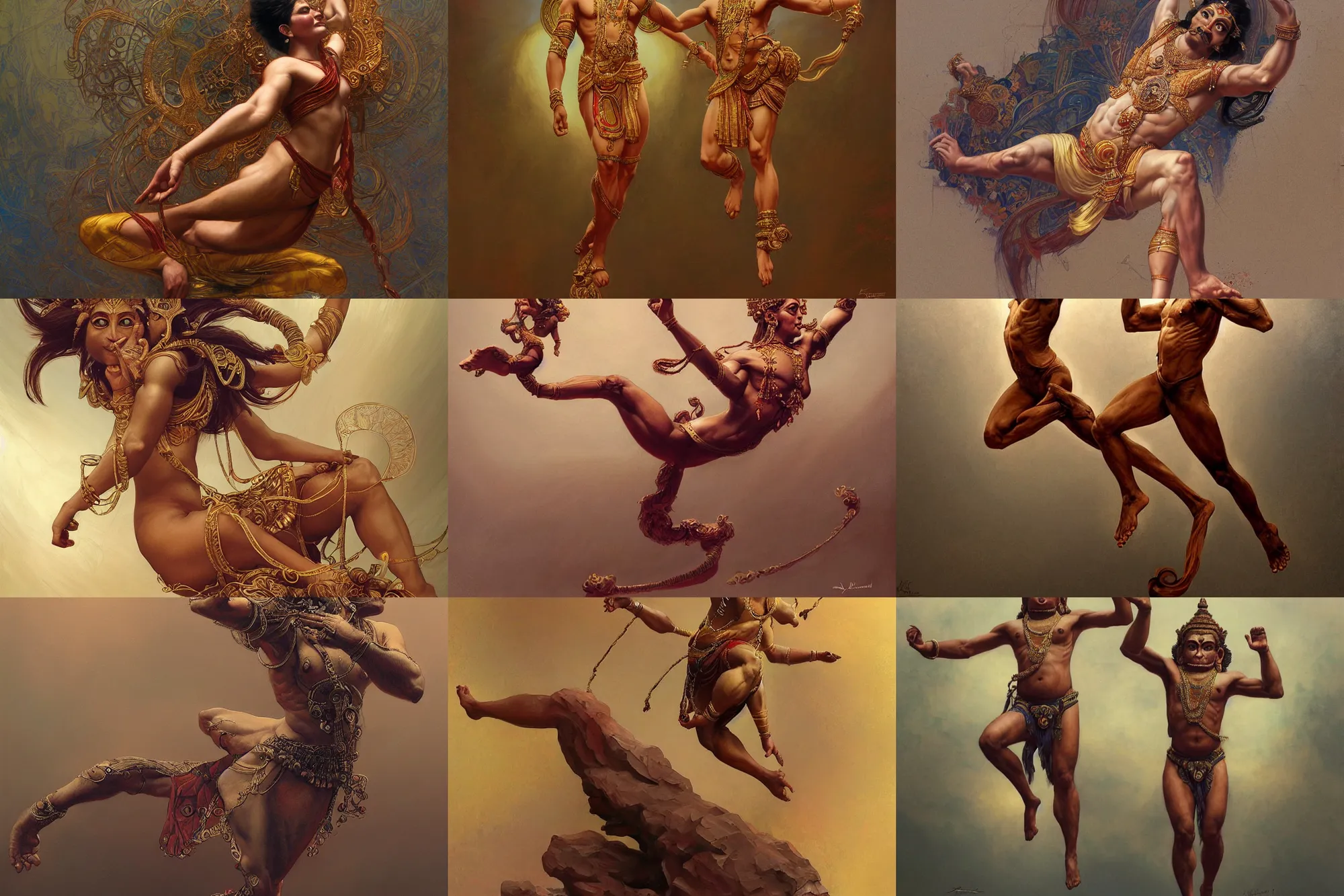 Prompt: award winning full body portrait of a beautiful ornated hanuman god, horizontally leaping!!!, legs stretched!!! intricate, elegant, highly detailed, digital painting, artstation, concept art, smooth, sharp focus, digital illustration, art by krenz cushart and artem demura and alphonse mucha