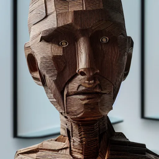 Prompt: an ultra realistic photo, of a wooden art sculpture on a base, of an ancient, cyberpunk robotic god, in a contemporary art gallery, octa 8k, by moebus