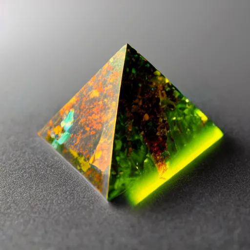 Prompt: four - sided pyramid peridot, turquoise, amber, volumetric light, abstract, bright colour, landscape, desert, earth, fire, water