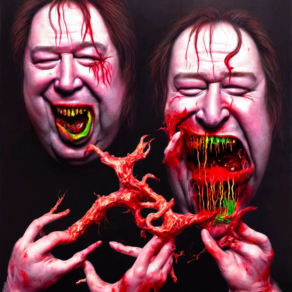 Image similar to weird and disturbing psychedelic bill hicks eating rotten flesh, laughing and puking blood, diffuse lighting, fantasy, intricate, elegant, highly detailed, lifelike, photorealistic, digital painting, artstation, illustration, concept art, smooth, sharp focus, art by francis bacon