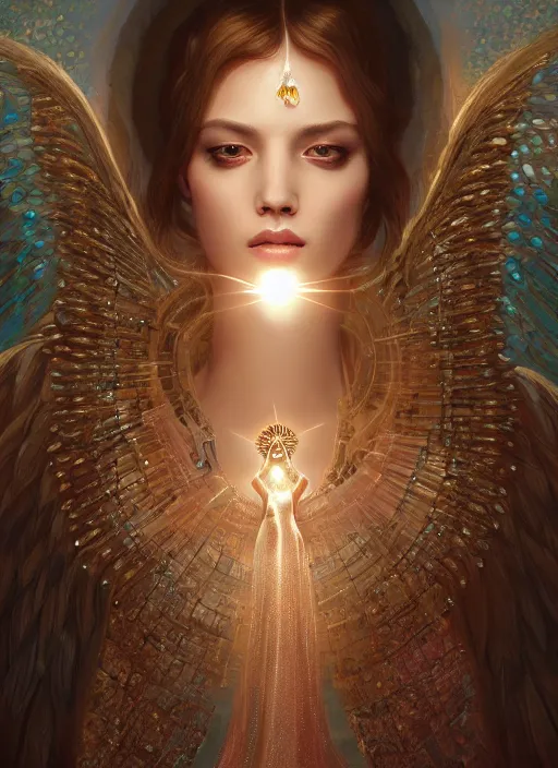 Prompt: A beautiful digital painting of a female angel full of jewels, princess, the sun behind her, intricate, cinematic lighting, highly detailed, digital painting, Artstation, concept art, smooth, sharp focus, illustration, art by Tom Bagshaw, Artgerm and Greg Rutkowski