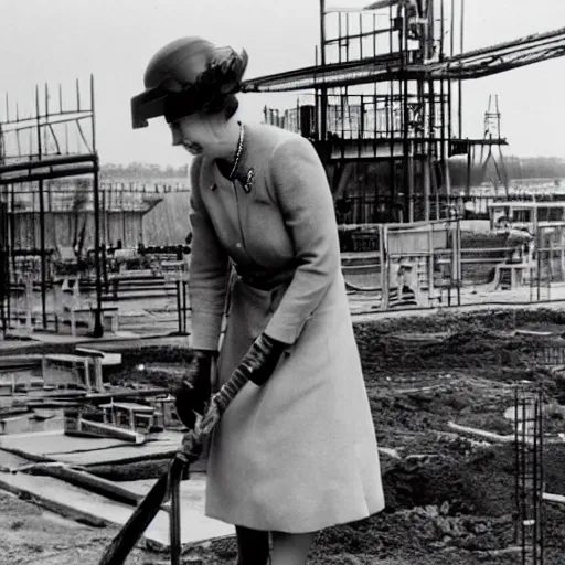 Prompt: Queen Elizabeth working hard on a building site