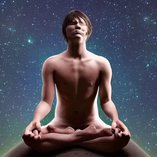 Image similar to a man in a deep meditative state become one with the universe