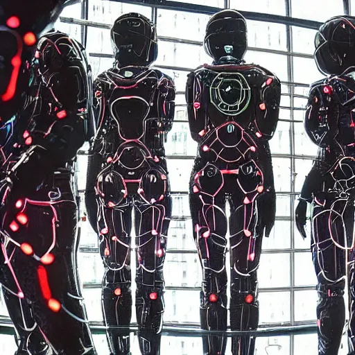 Image similar to love, diverse floating cybersuits, from behind, in water, connection rituals, wide wide angle, vivid, elaborate, highly detailed, beautiful lighting