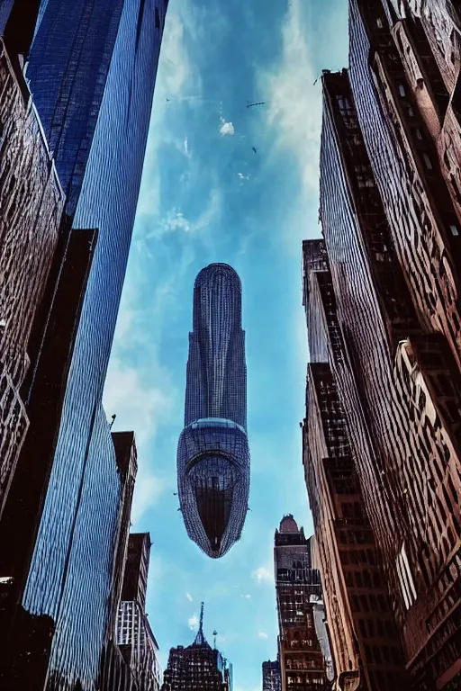 Image similar to A giant alien spaceship in the sky of New York, a photo taken on phone, photo taken from the ground, social media