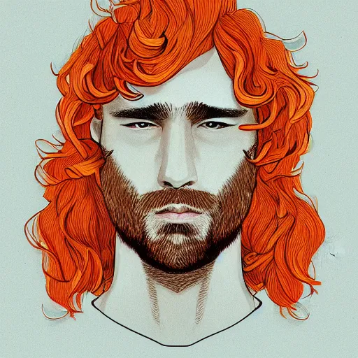 Prompt: illustration drawing of a mid long curly orange hair man as a portrait, style by pixar, digital art, trending on artstation, behance, deviantart