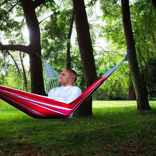 Image similar to award winning photograph of business man resting in a hammock, heavenly, peaceful, tranquil